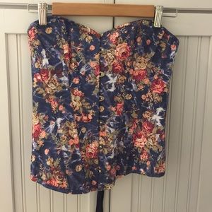 New! Blue floral tie black corset top denim