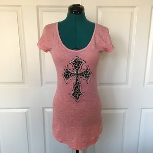 Coral Leopard Print Cross Tee Shirt
