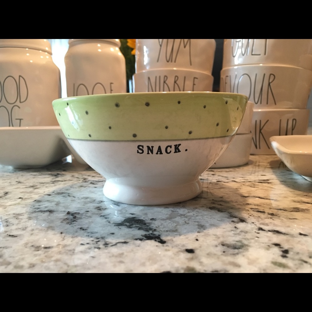 Rae Dunn by Magenta Polka dots green bowl "Snack"