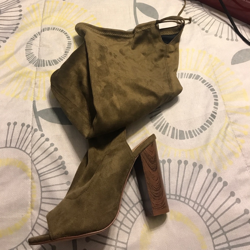 Olive green suede thigh high Peep toe