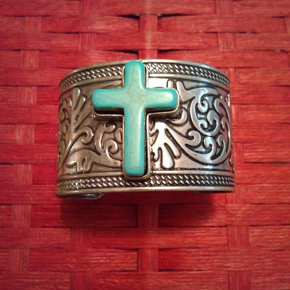 Western Silver Cuff Bracelet with Turquoise Cross