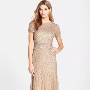 Adrianna Pappell Champagne Beaded Mesh Gown