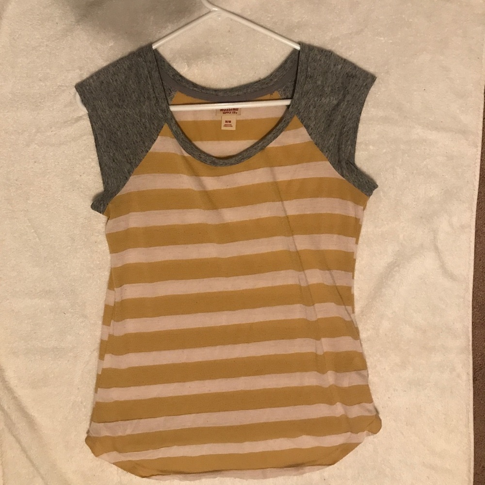Yellow striped T Shirt with gray sleeves