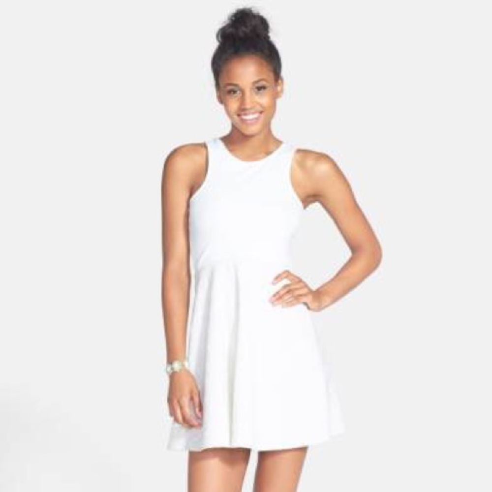 White Textured Back Cutout Skater Flare Dress
