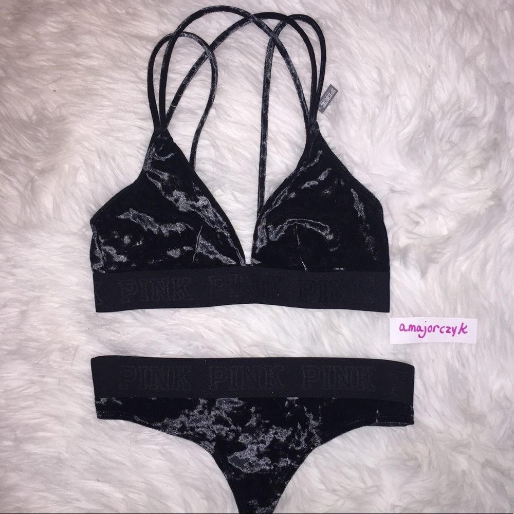 S/L VELVET VS PINK Bralette Thong Set Black New