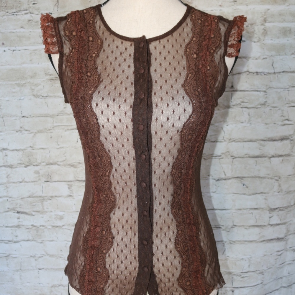 Chocolate Brown Semi Sheer Sheer Lace Ruffle Top
