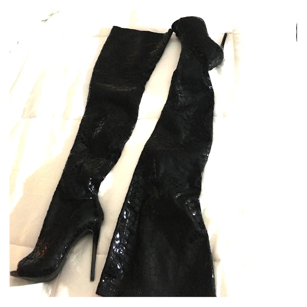 Black Thigh High Peep Toe Boots