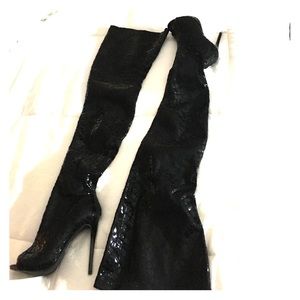 Black Thigh High Peep Toe Boots