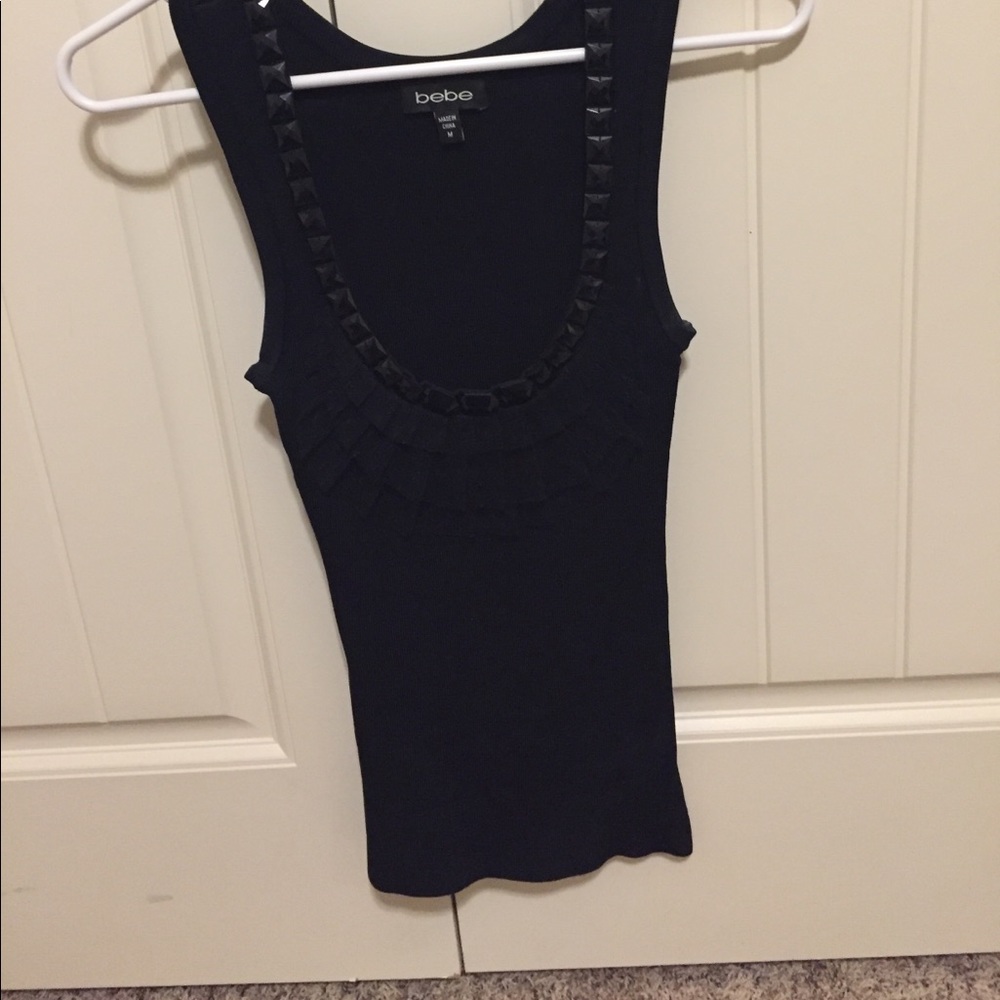 Bebe, black tank top w/beading, lace ruffle