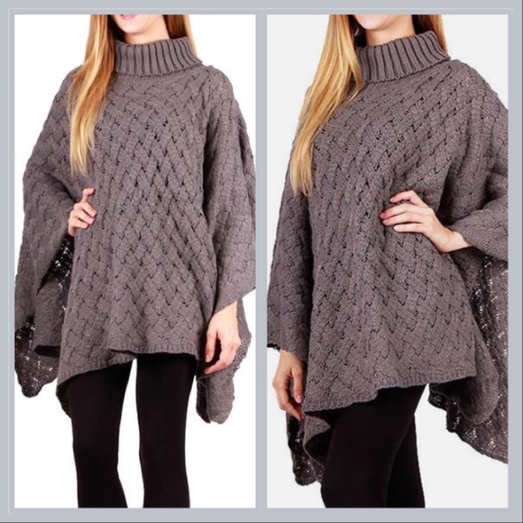 Grey Knitted Cozy Turtleneck Poncho Shawl - Picture 2 of 5