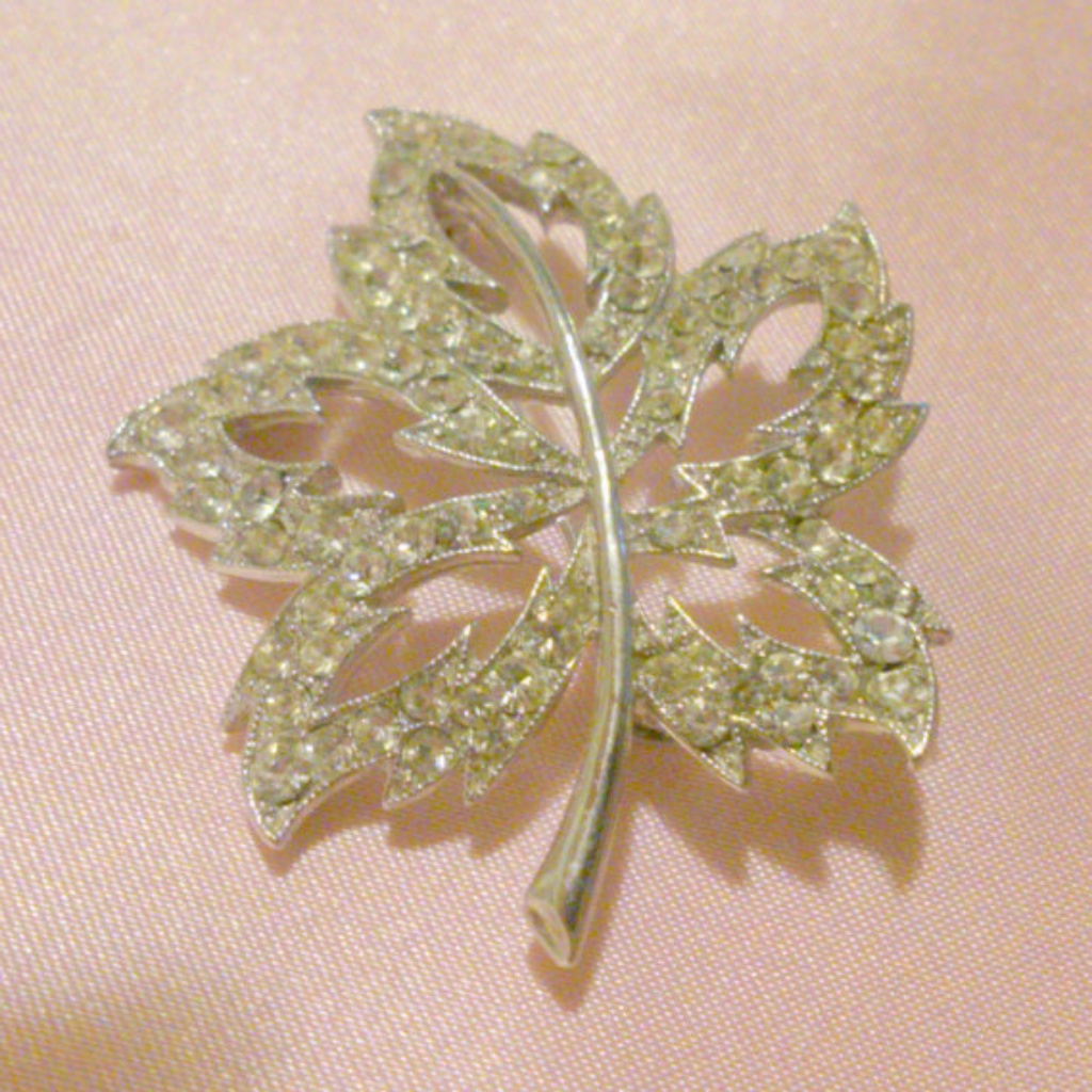 Vintage Signed Ora Rhinestone Leaf Brooch