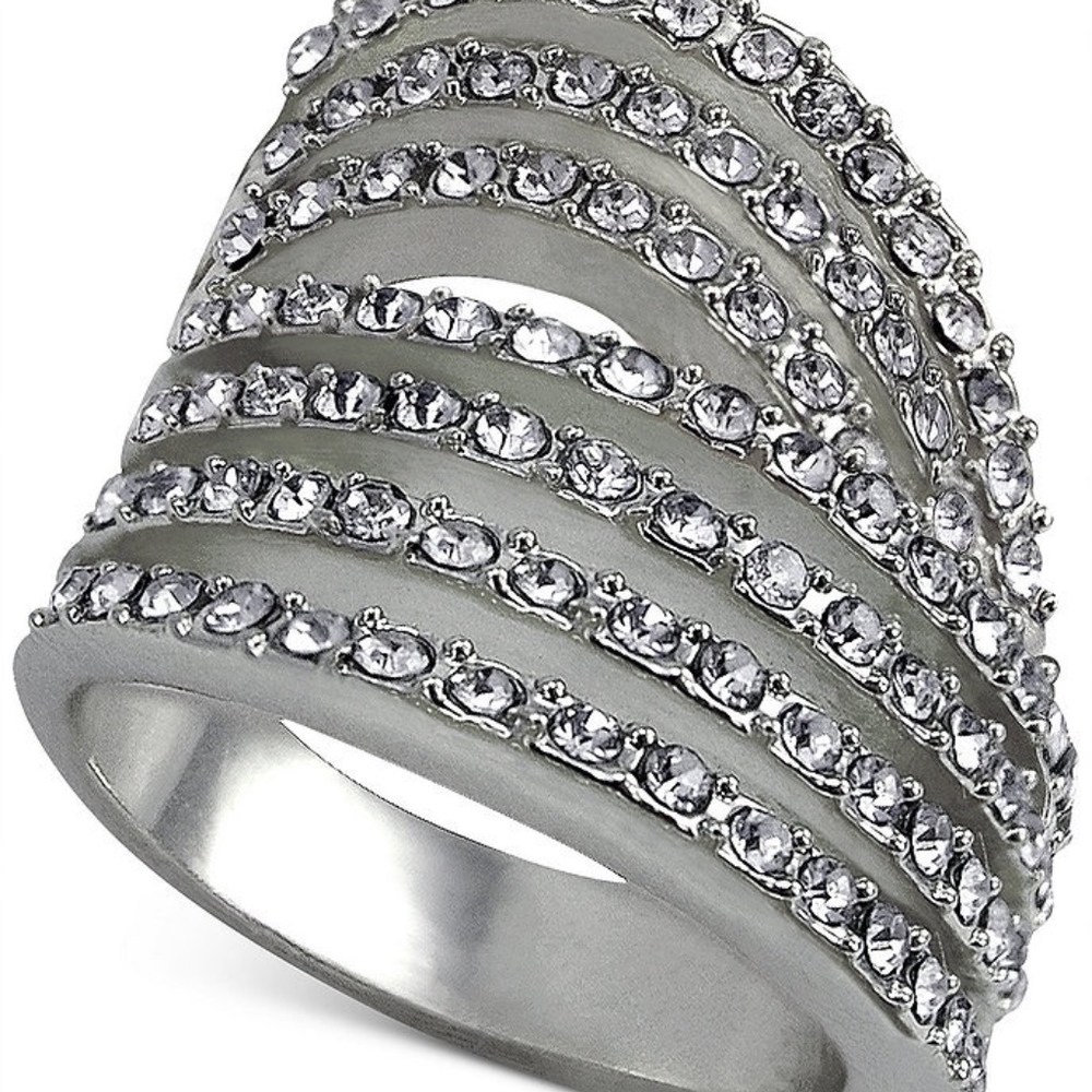 GUESS Silver Tone Crystal Pavé Multi-Row Ring