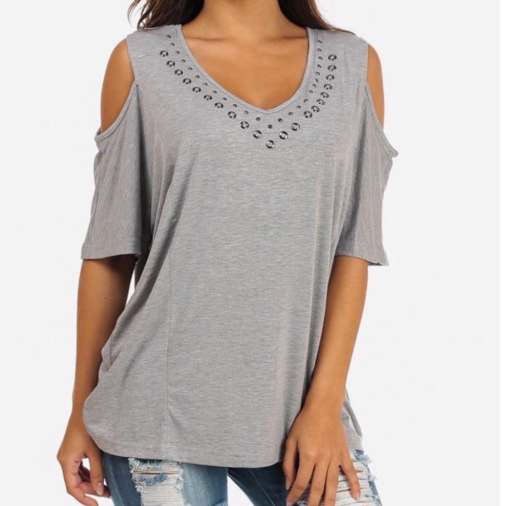 Gray oversized cold shoulder short sleeve shirt
