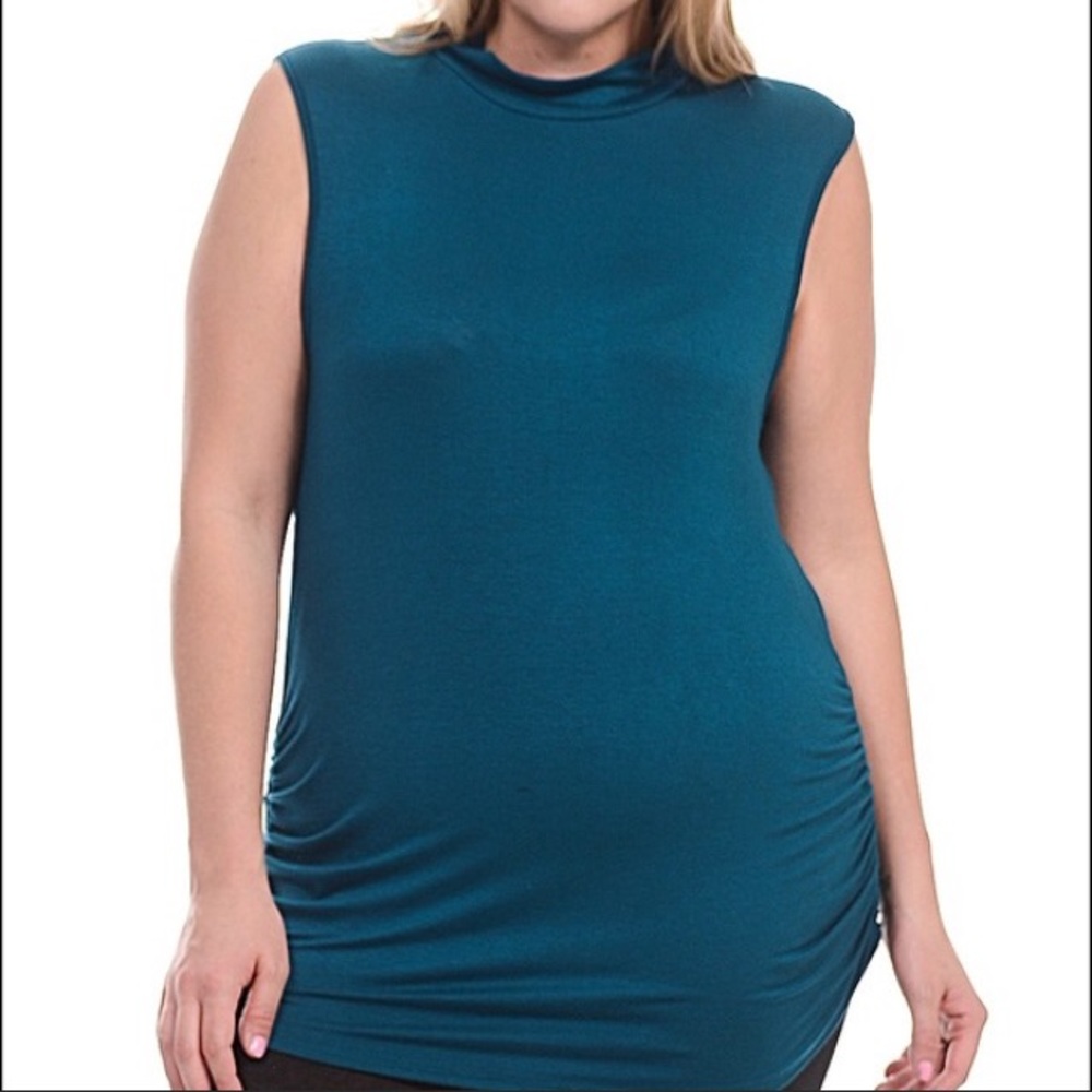 Teal mock neck tank with roushed sides