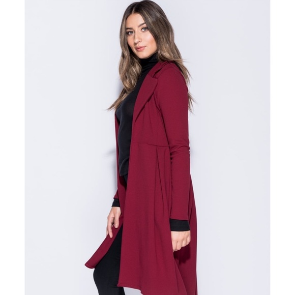Wine Red Edge to Edge Longline Duster Jacket - Picture 6 of 7