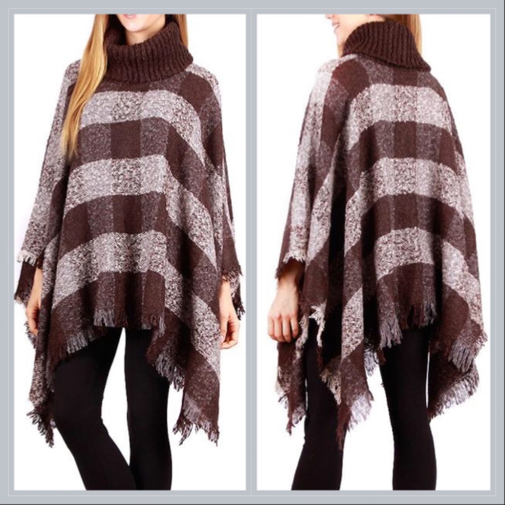 Brown Plaid Cozy Turtleneck Fringe Poncho Shawl