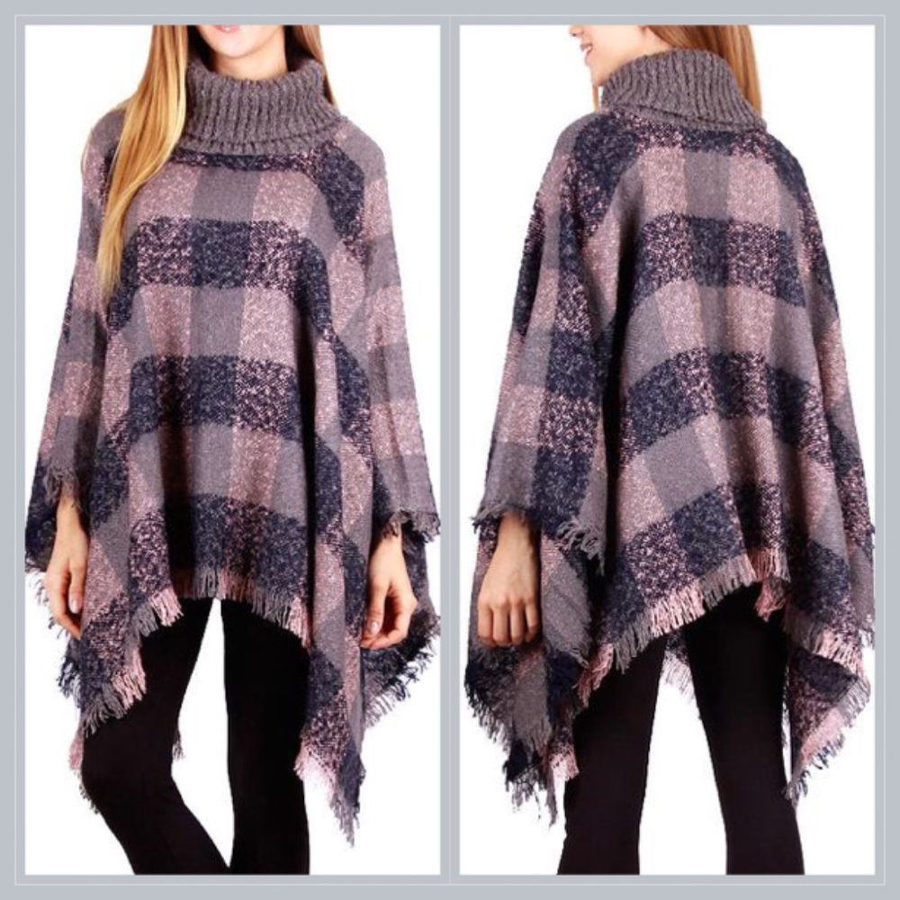 Grey/Pink Plaid Turtleneck Fringe Poncho Shawl
