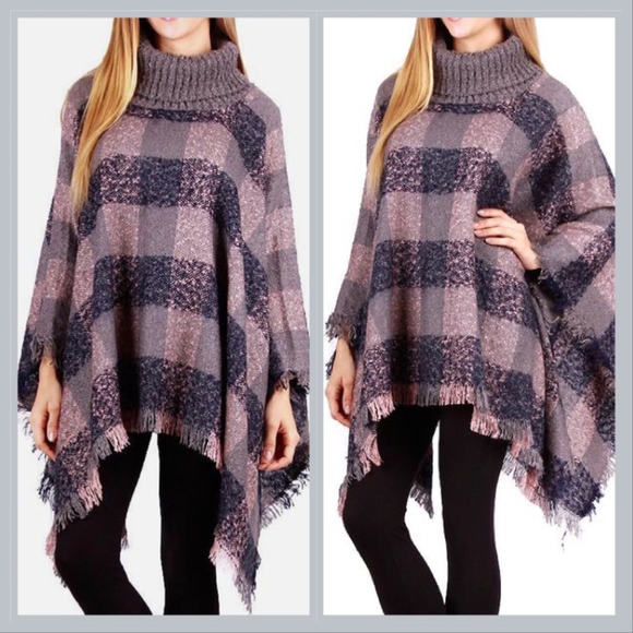 Grey/Pink Plaid Turtleneck Fringe Poncho Shawl - Picture 2 of 5