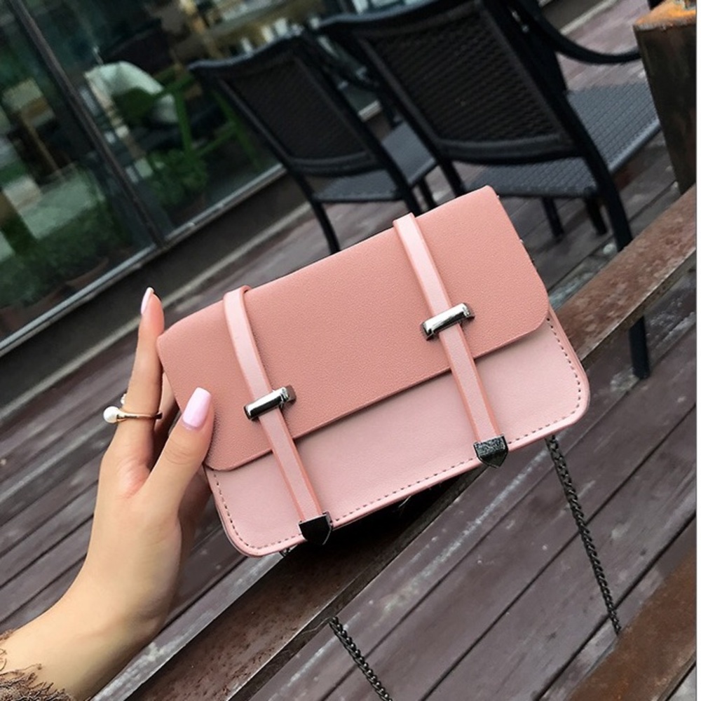 Pink faux suede and leather crossbody purse