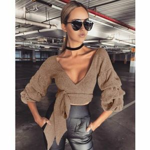 Puff sleeve wrap sweater