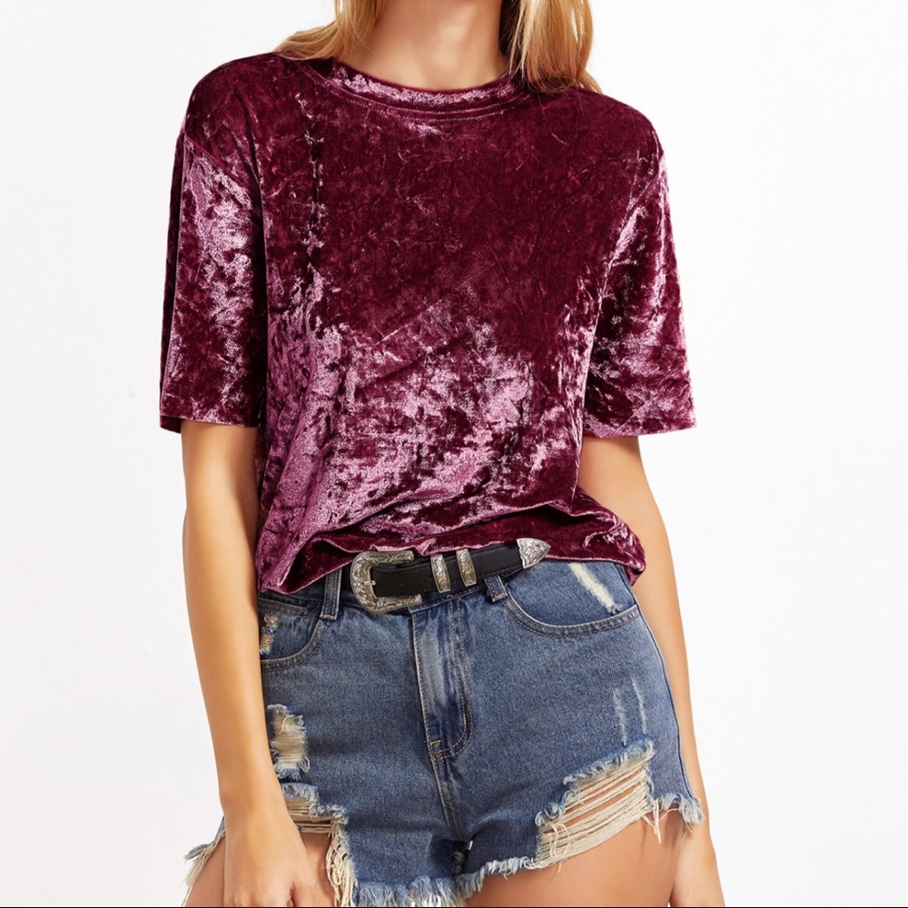 100% Velvet Burgundy Short Sleeve Velvet T-shirt