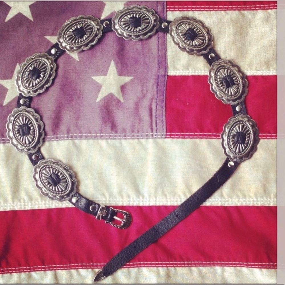 High Waisted Small Concho Black Leather Belt