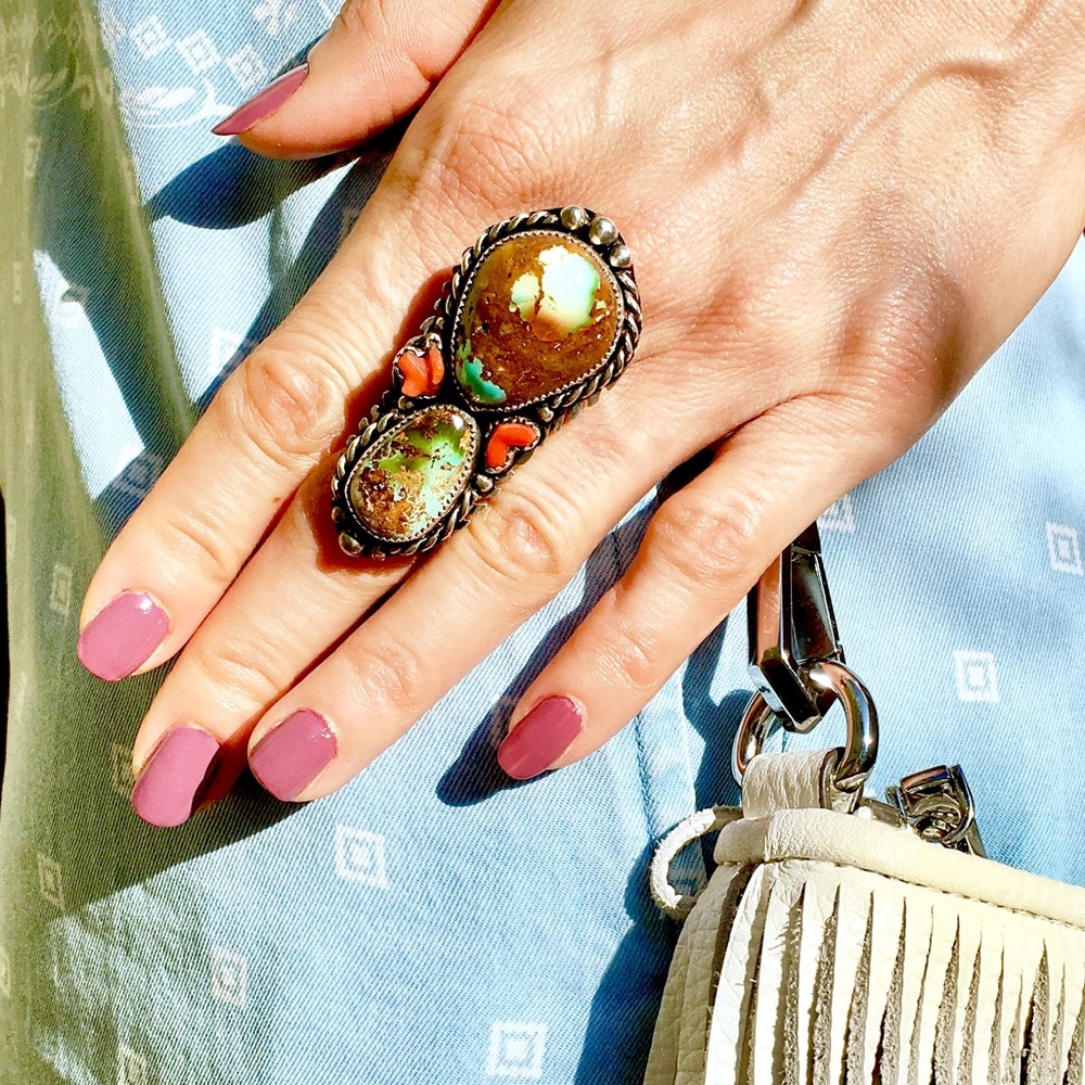 ROYSTON TURQUOISE🔥🔥🔥 INCREDIBLE MULTICOLOR TURQUOISE and CORAL STERLING RING. - Picture 6 of 8