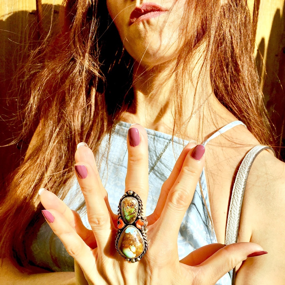 ROYSTON TURQUOISE🔥🔥🔥 INCREDIBLE MULTICOLOR TURQUOISE and CORAL STERLING RING. - Picture 3 of 8