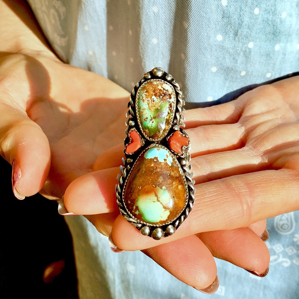 ROYSTON TURQUOISE🔥🔥🔥 INCREDIBLE MULTICOLOR TURQUOISE and CORAL STERLING RING. - Picture 7 of 8