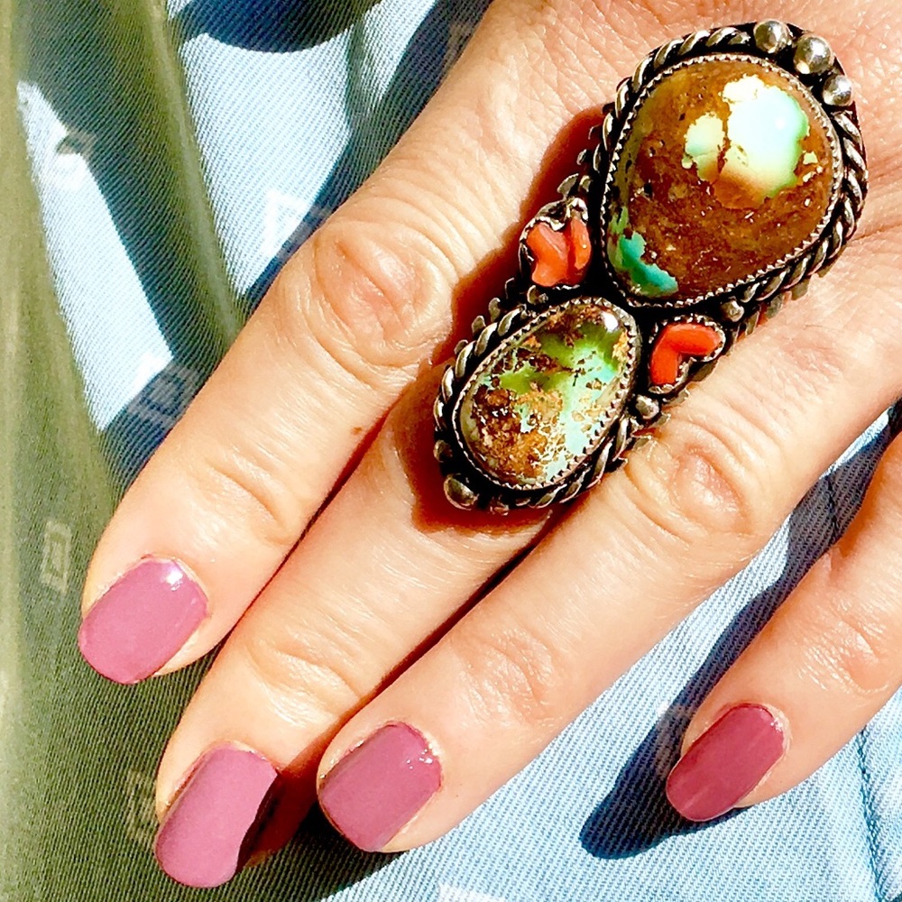 ROYSTON TURQUOISE🔥🔥🔥 INCREDIBLE MULTICOLOR TURQUOISE and CORAL STERLING RING. - Picture 2 of 8