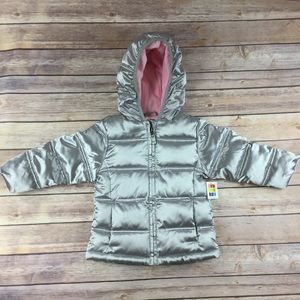 Silver puffer zip up jacket with hood