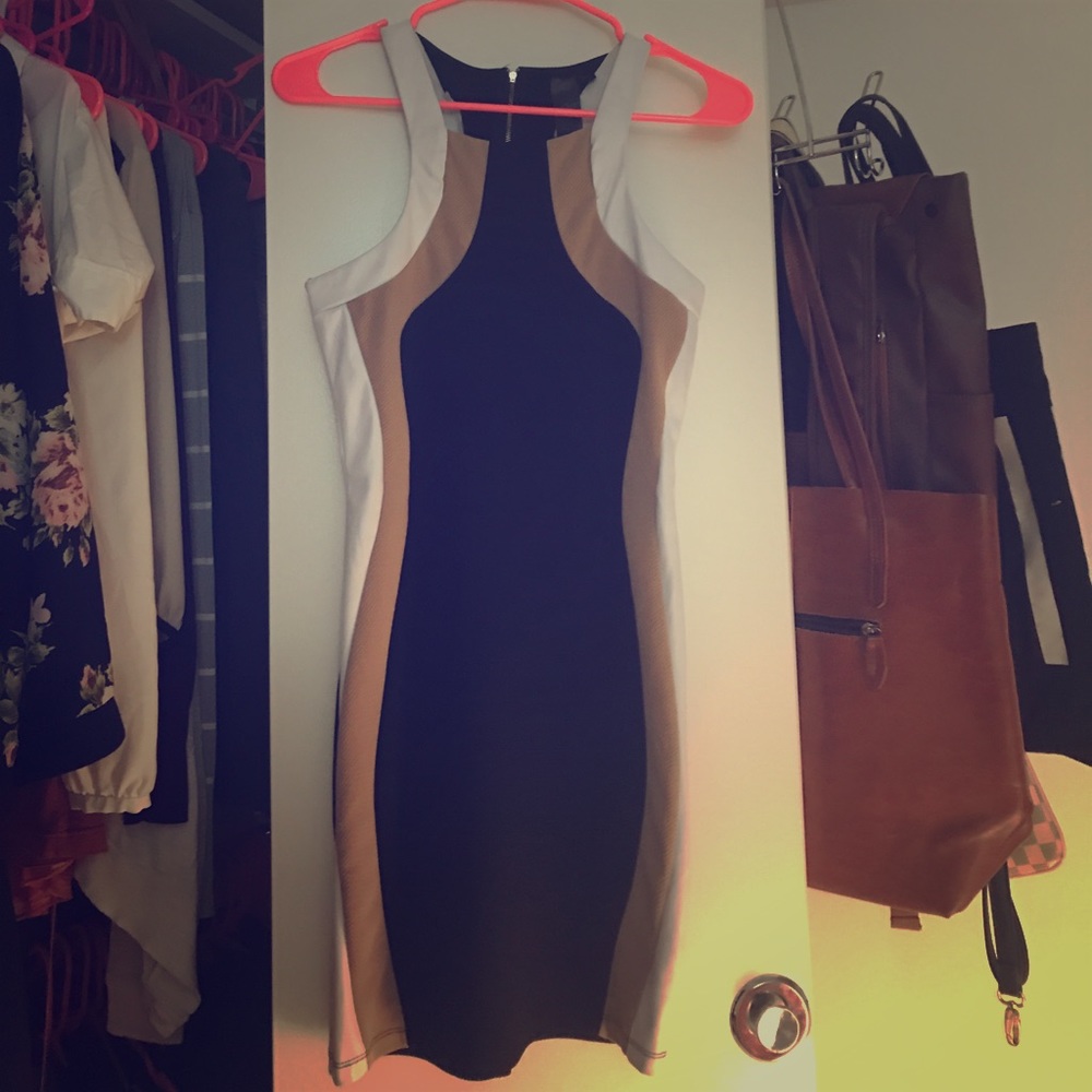 Fitted black, tan, and white dress
