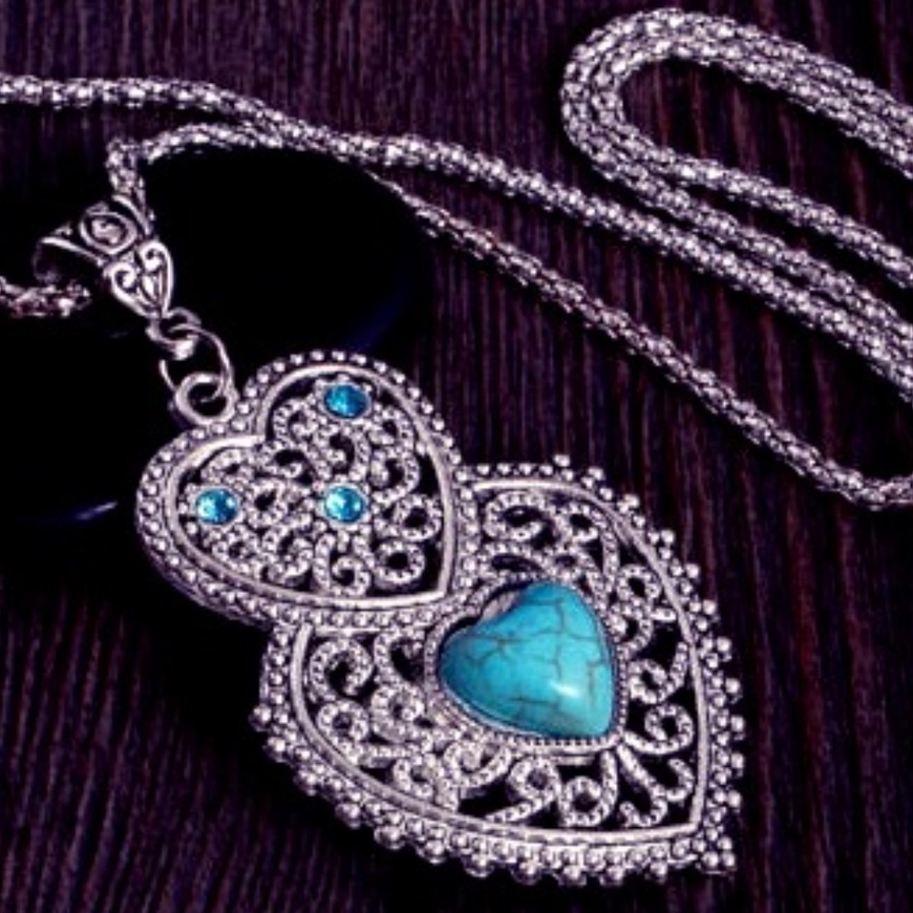Bohemian Style Two Heart Turquoise Silver Necklace