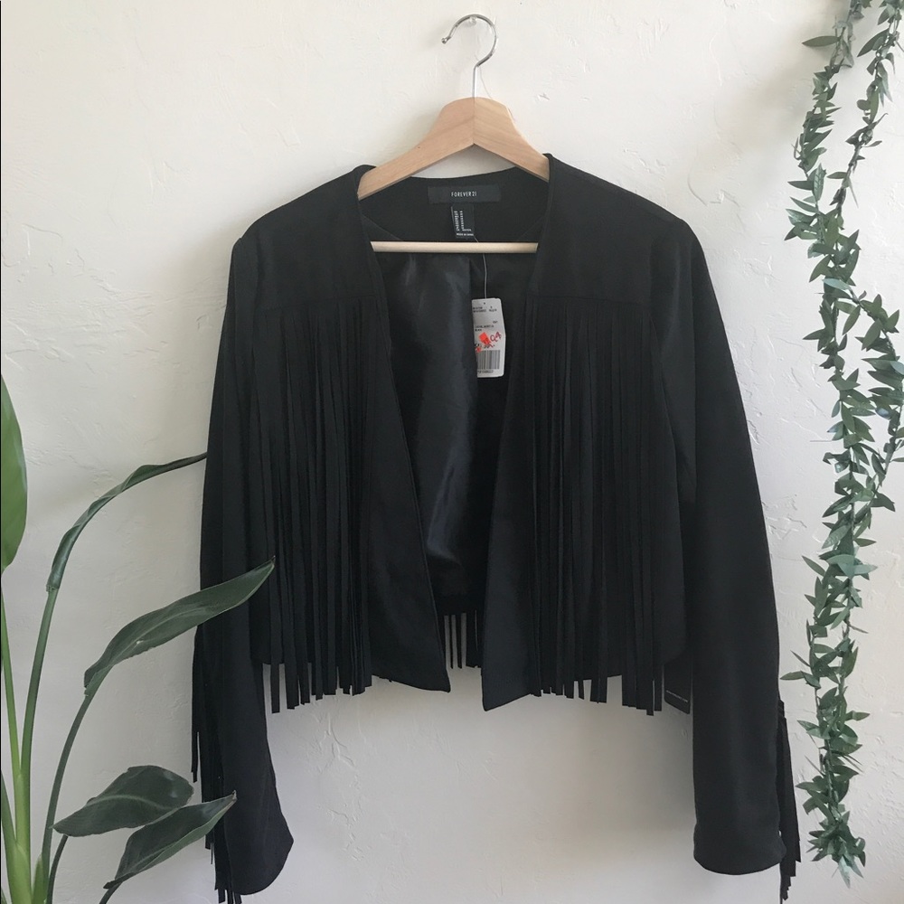 Black faux suede fringe jacket