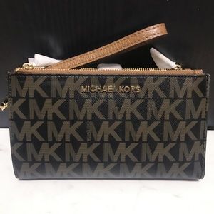 Brand NWT MK Brown/Blk Signature Double Zip Wallet