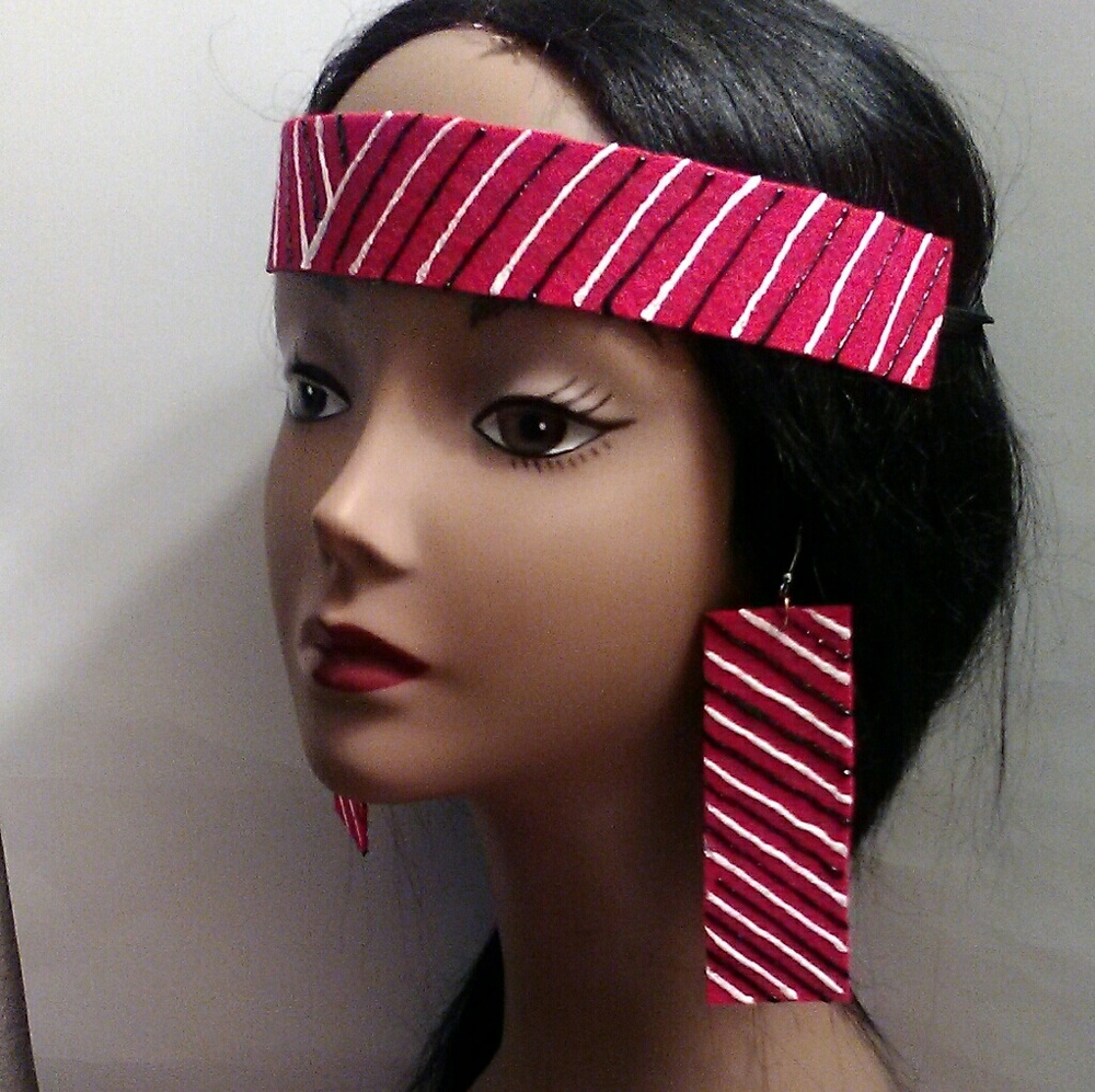 Red hot striped head band and earring set