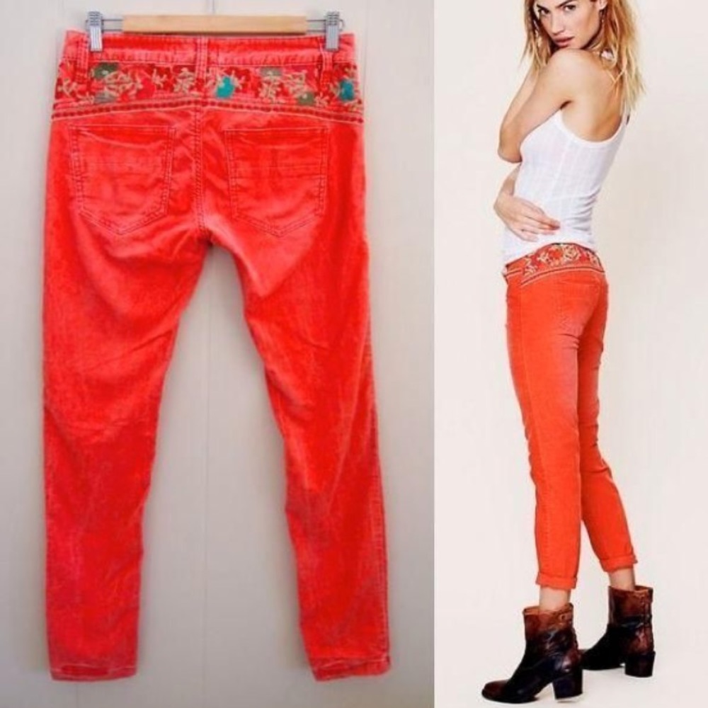 Free People Coral Corduroy Pants with Embroidery