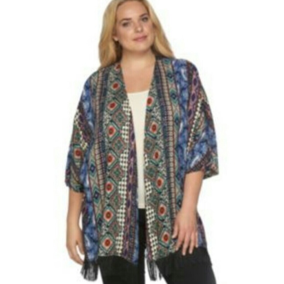 french laundry Tops - French Laundry Black & White Printed Fringe Kimono