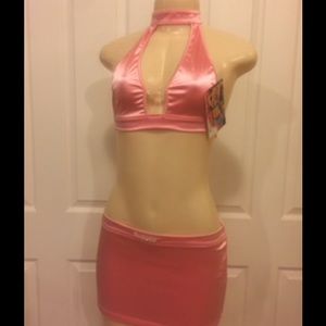 Pink Satin Crystal Beads Mini Skirt