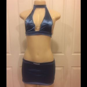 Blue Satin Crystal Beads Mini Skirt