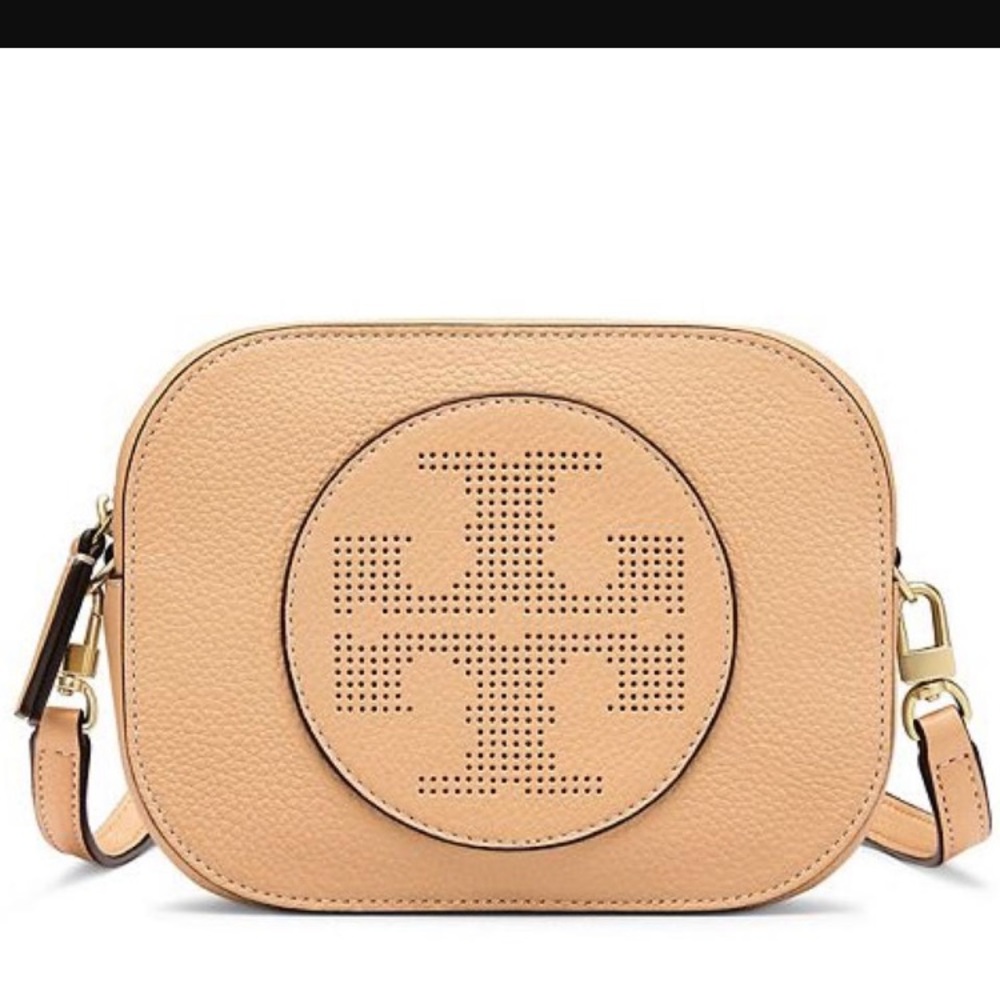 Tory Burch Perforated Logo Round Cross Body- Sand