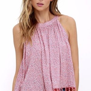 EUC Lulus coral pattern tank with pom poms