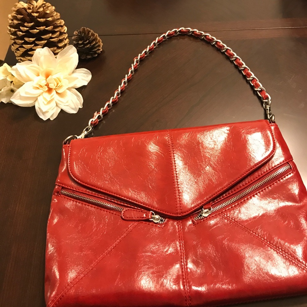 Red patent faux leather bag