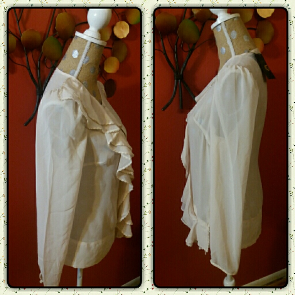 NWT C.Luce Cream Ruffled Sheer Blouse - Picture 2 of 4