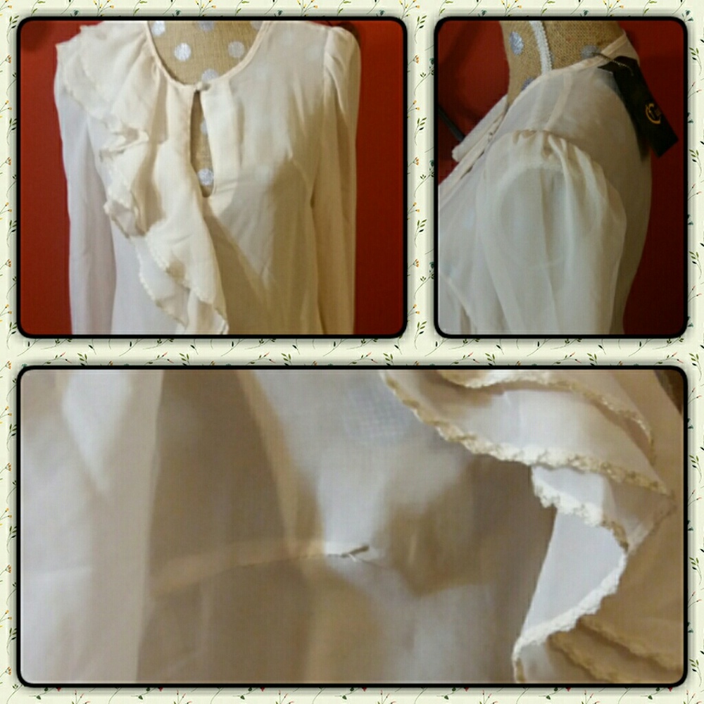 NWT C.Luce Cream Ruffled Sheer Blouse - Picture 3 of 4