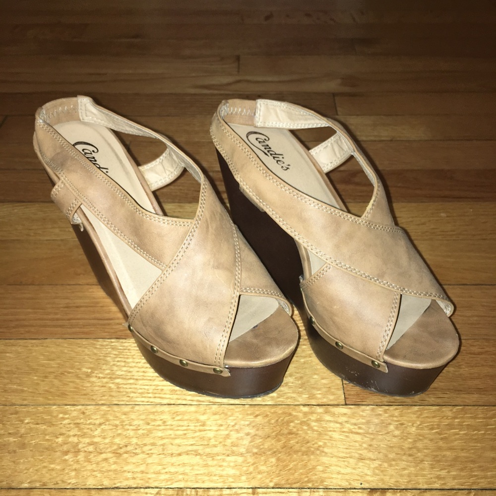 Tan clog style wedges