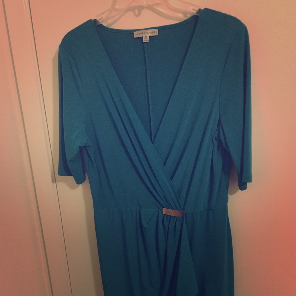 Teal faux wrap dress with gold buckle