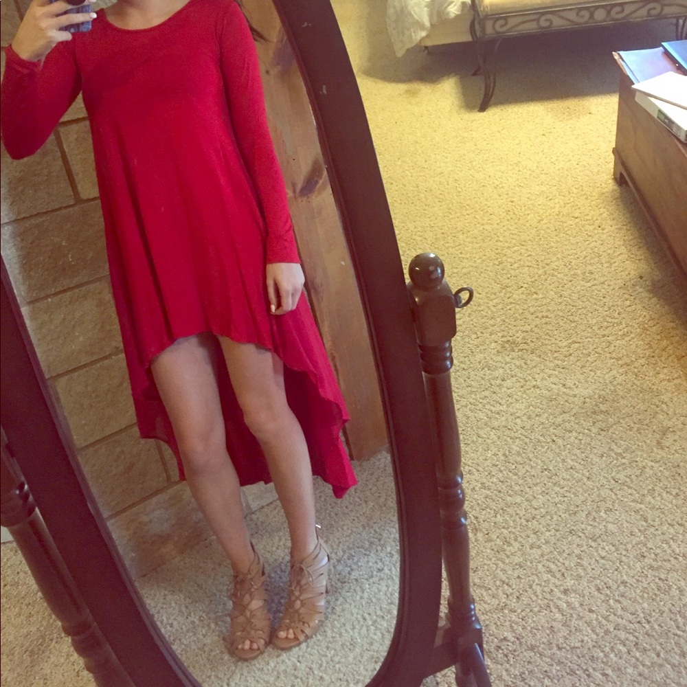 Ruby red high low long sleeve dress