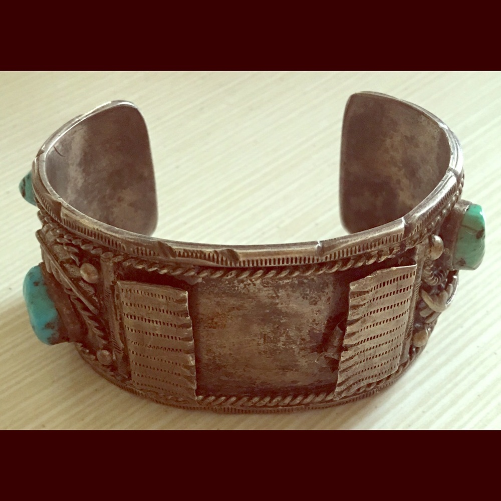 Old pawn sterling silver turquoise cuff bracelet