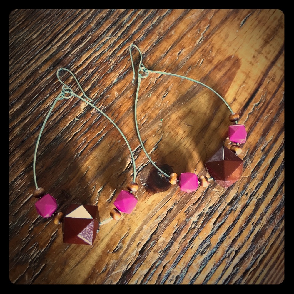 ~boho~ pink brown bead silver wire earrings